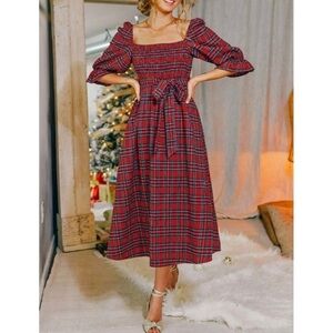 Cupshe Holiday Christmas Red Flannel Plaid Smocked Puff Sleeve BeltedDRESS M NWT